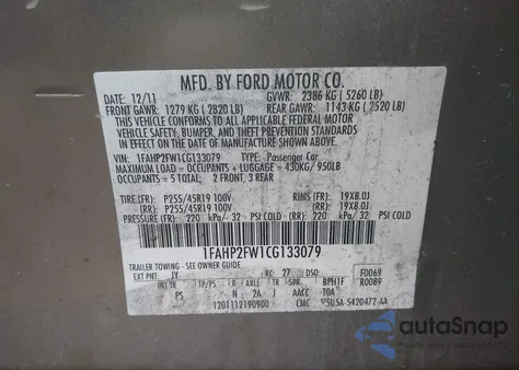 2012 Ford Taurus Limited из США, поврежденный, VIN 1FAHP2FW1CG133079